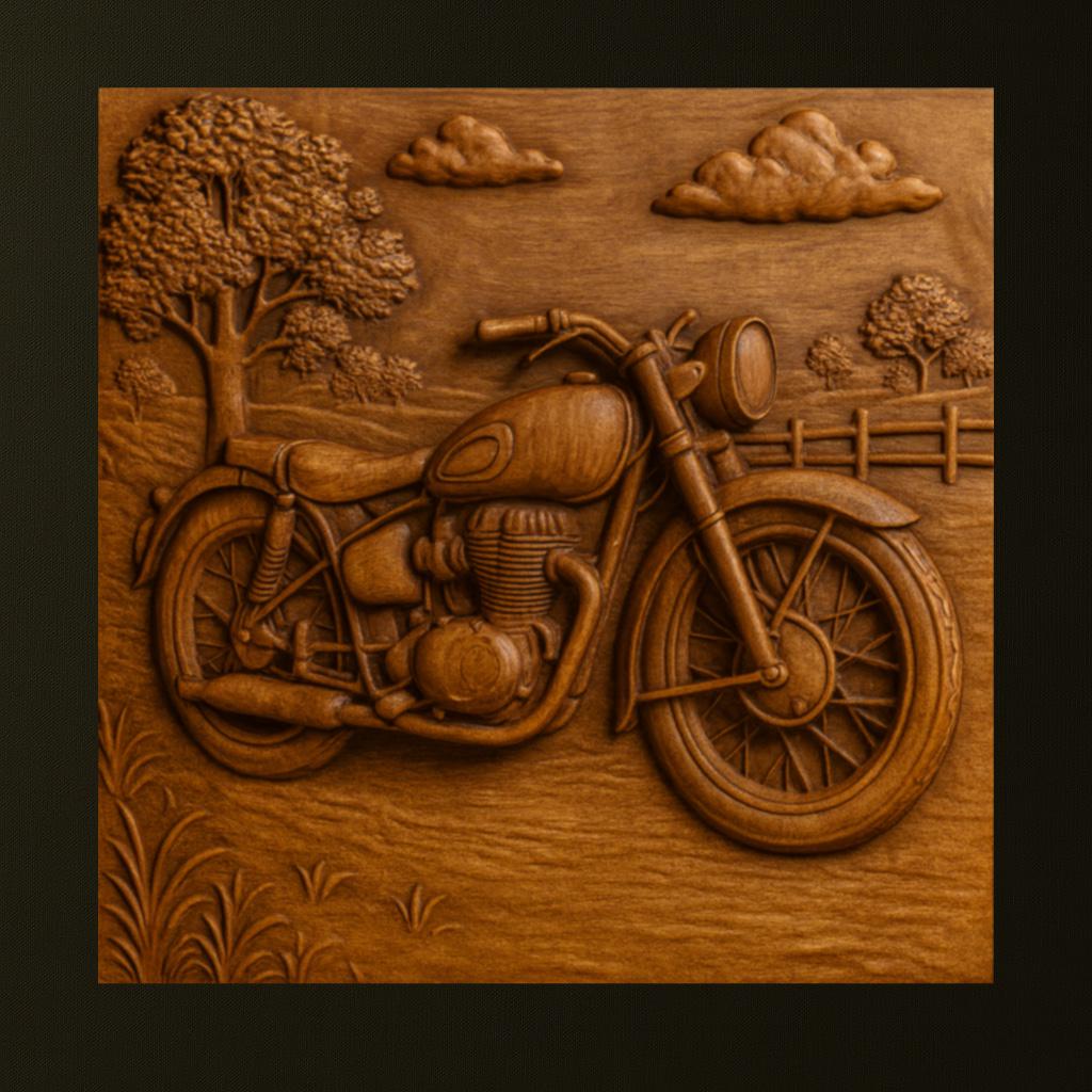 The Motorcycle Collection 10-Pack STL Bundle by Form Arcade features vintage motorcycle and rural landscape designs—ideal for CNC wall art or relief carving projects.