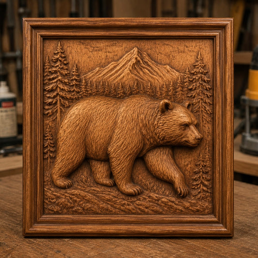 The Form Arcade Mountain Bear Landscape Relief STL File features a nature-inspired design with a bear walking among trees and mountains, crafted for wildlife CNC wall art. Displayed in a square wooden frame on a workbench, this piece showcases intricate craftsmanship and detailed relief artistry.
