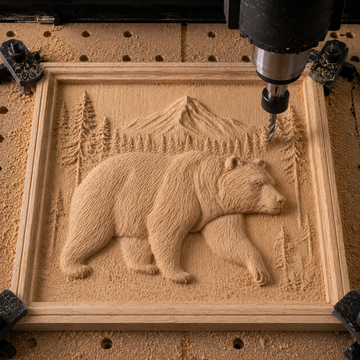 The Mountain Bear Landscape Relief STL File from Form Arcade allows a CNC machine to carve an intricate 3D wooden wall art featuring a bear walking through a forest with mountains in the background, all framed by a square border. This expertly designed wildlife CNC wall art file creates stunning relief carvings perfect for nature enthusiasts.