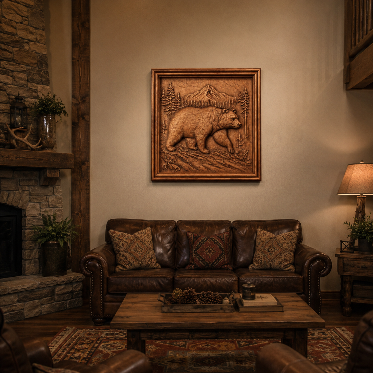 A cozy living room with a brown leather sofa, patterned pillows, and a wooden coffee table is anchored by the Form Arcade “Mountain Bear Landscape Relief” wildlife wall art—a striking carved bear landscape displayed above the sofa. A stone fireplace and warm lighting complete the rustic atmosphere.