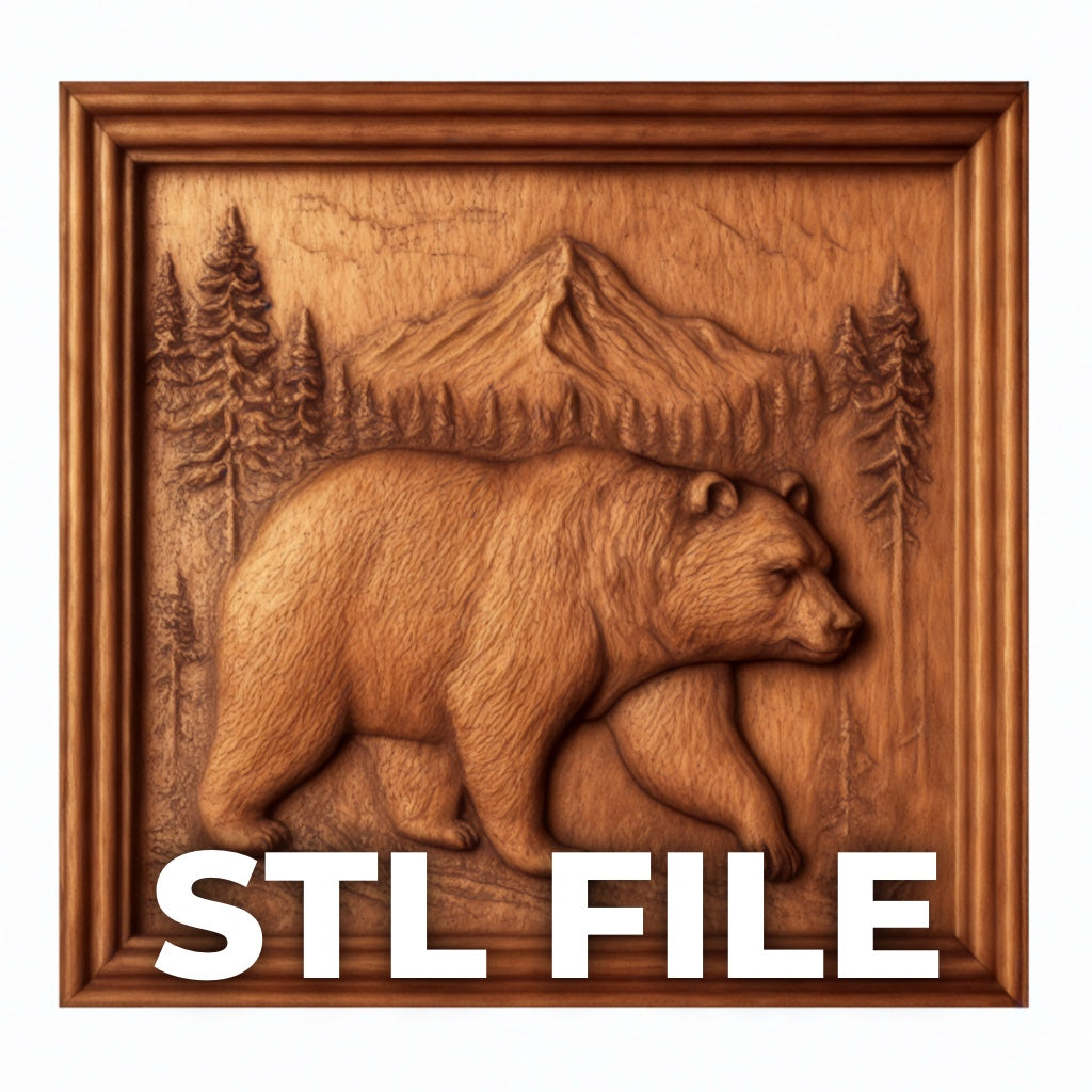 Mountain bear relief carving with walking bear in forest scene and mountain backdrop, framed wooden panel with detailed fur texture, trees, and layered terrain, strong depth across foreground and background elements, ideal for CNC carving and 3D printing wildlife wall art projects