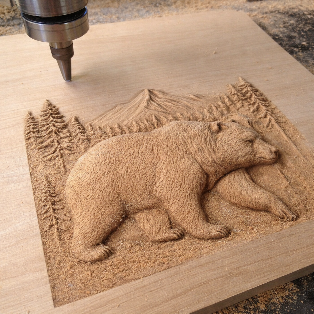 CNC machine carving mountain bear relief into wood panel, visible toolpaths forming bear shape, trees, and mountain background, partially carved surface showing depth progression and clean cut lines across entire design, ideal example of CNC carving from STL file