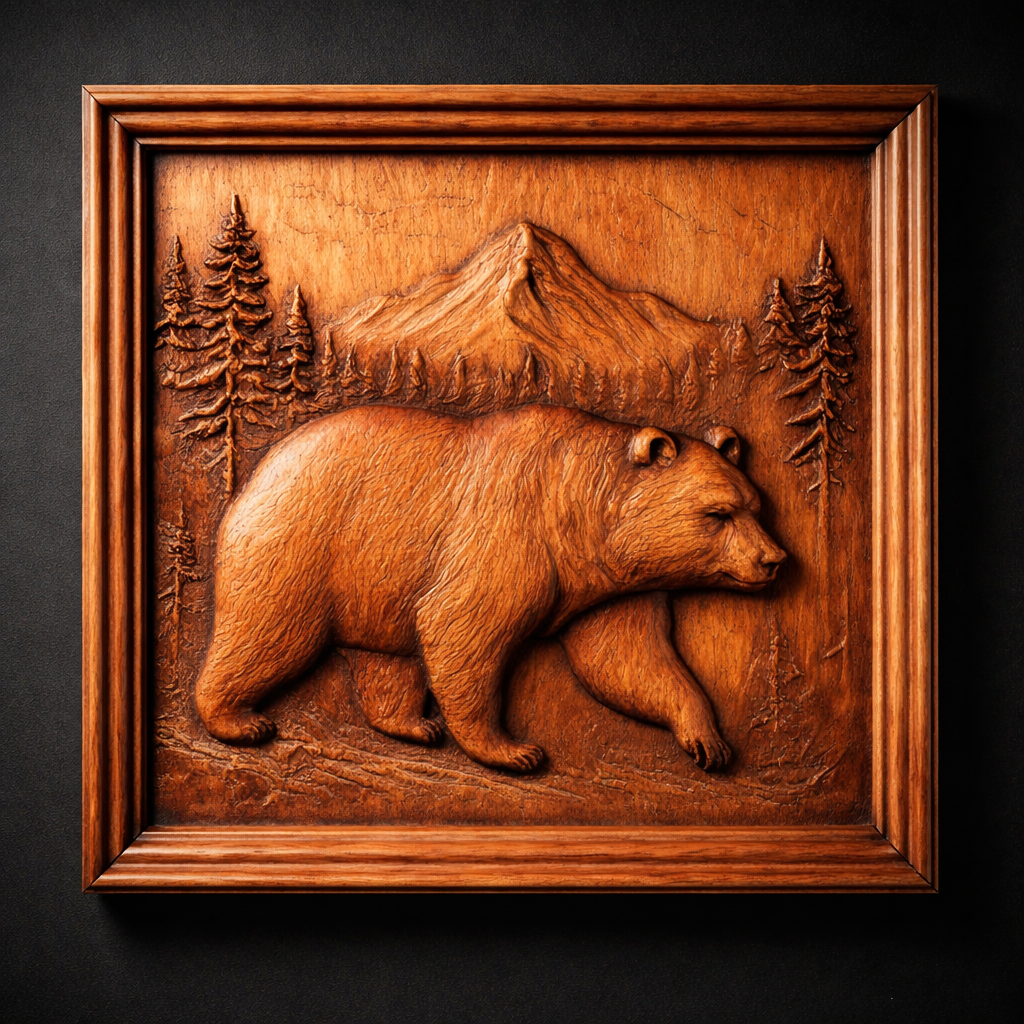 Close-up of carved wooden bear relief panel showing detailed fur texture, mountain peaks, and pine trees behind the bear, smooth depth transitions and layered carving throughout the design, framed square layout suited for CNC wall art and decorative woodworking pieces