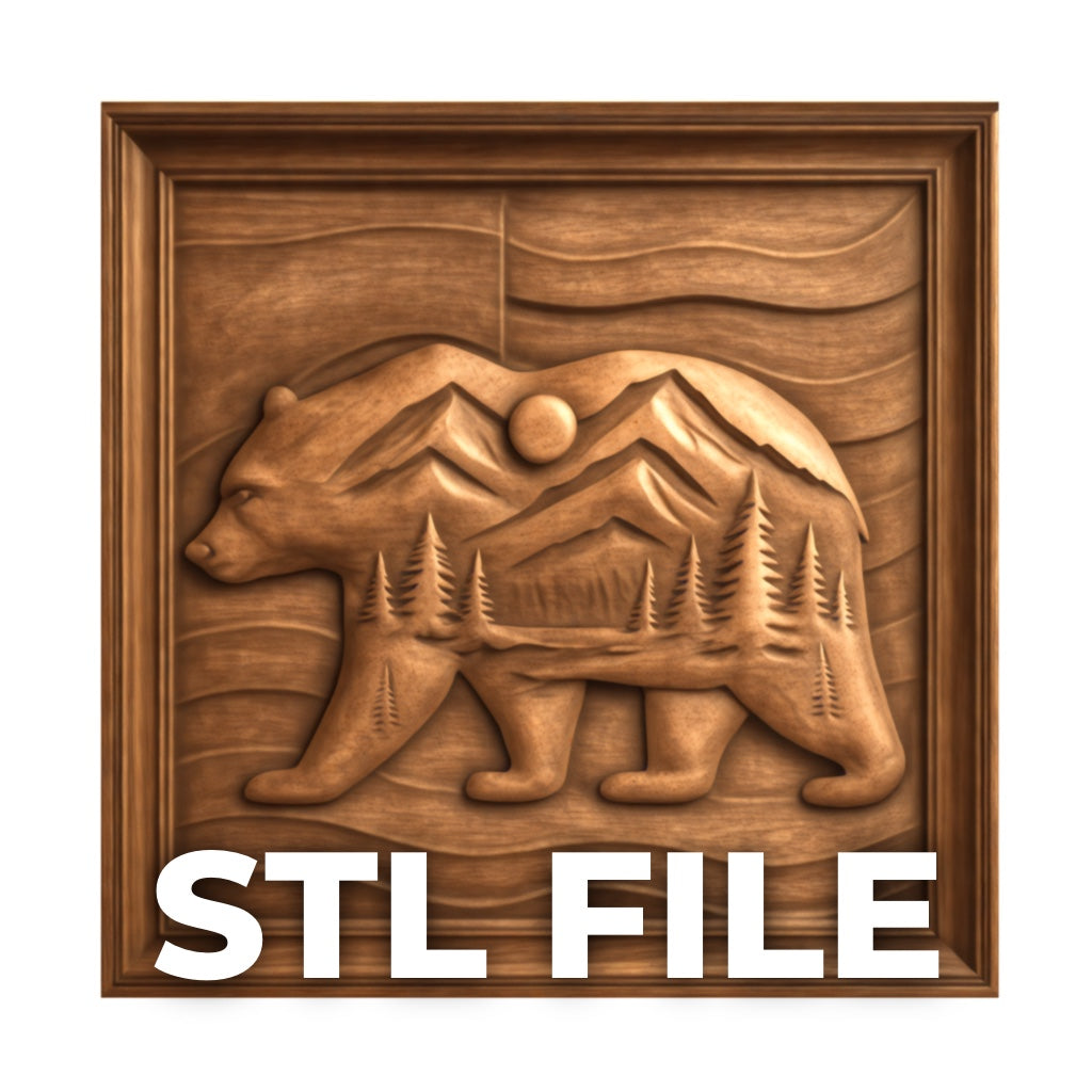 The Mountain Bear Landscape Relief STL File by Form Arcade features a bear silhouette with carved mountains, trees, and sun—ideal wildlife CNC wall art. This framed woodworking design includes "STL FILE" text for relief carving.
