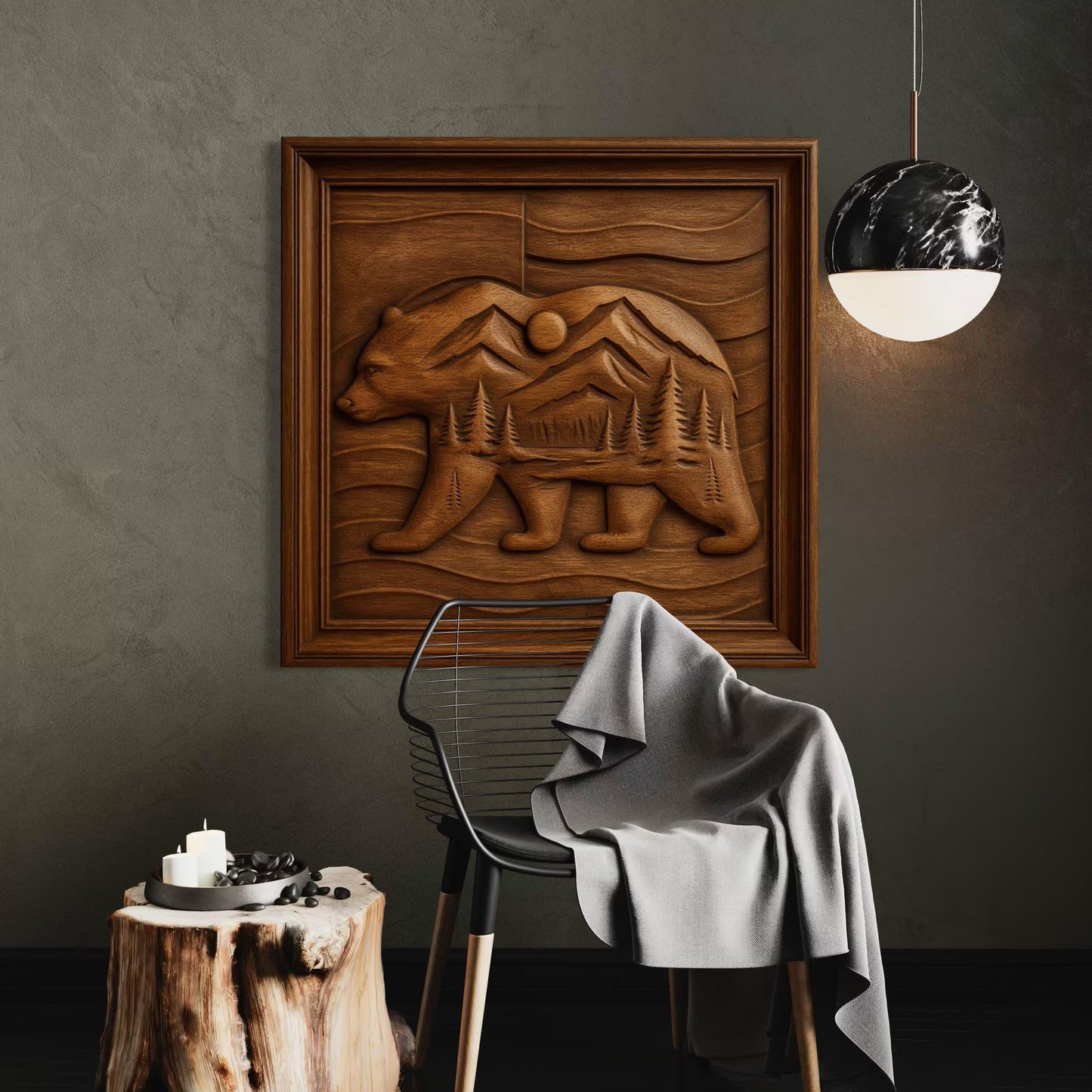 A modern room showcases Form Arcade’s Mountain Bear Landscape Relief CNC wall art, a chair with a gray blanket, a tree-stump side table holding candles, and a round pendant light featuring a marble-like black and white design.