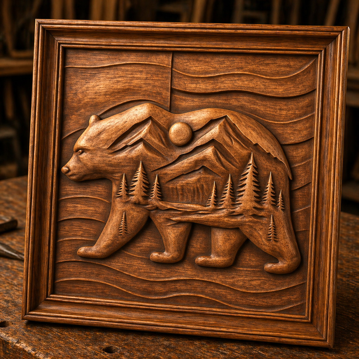Form Arcade’s Mountain Bear Landscape Relief STL File lets you create CNC wall art featuring a bear with etched mountains, trees, and sun—a unique wildlife design perfect for woodworking projects.