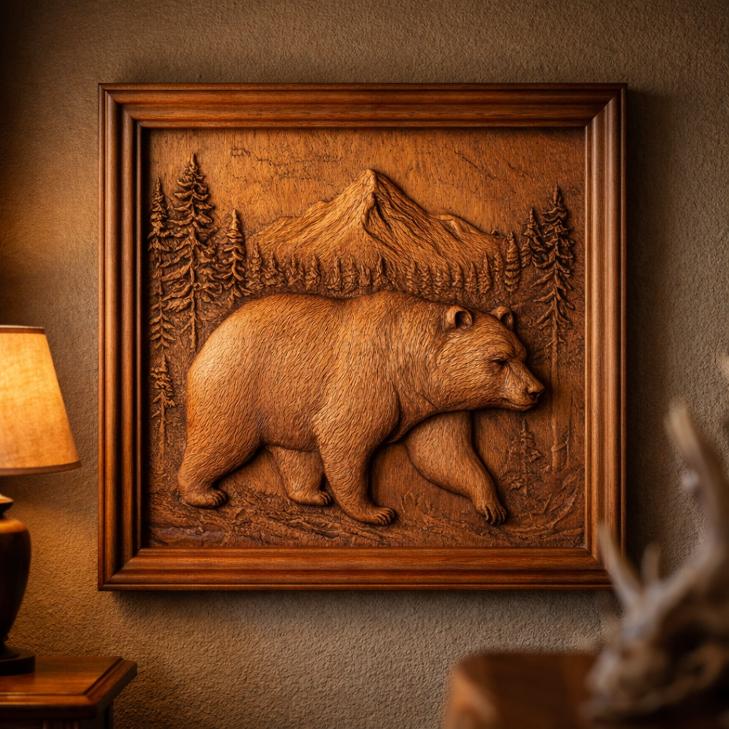 Framed mountain bear relief wall art mounted in interior space, carved wood panel showing bear walking through forest with mountains in background, warm lighting highlighting depth and carved detail, decorative wildlife wall art for home or office display