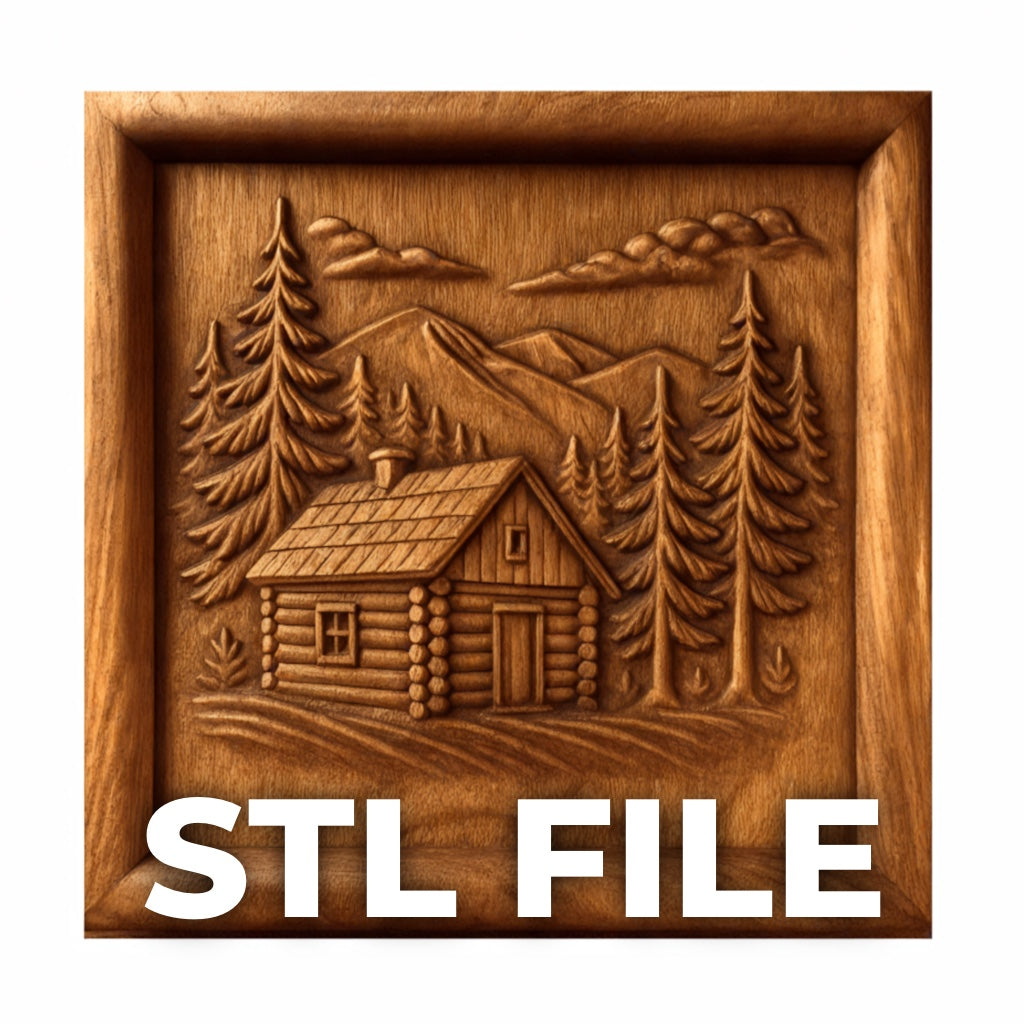 The Mountain Cabin CNC Relief STL File by Form Arcade features a carved wooden scene of a rustic cabin amid pines and mountains. Bold "STL File" text highlights its suitability for CNC carving and wall art enthusiasts.