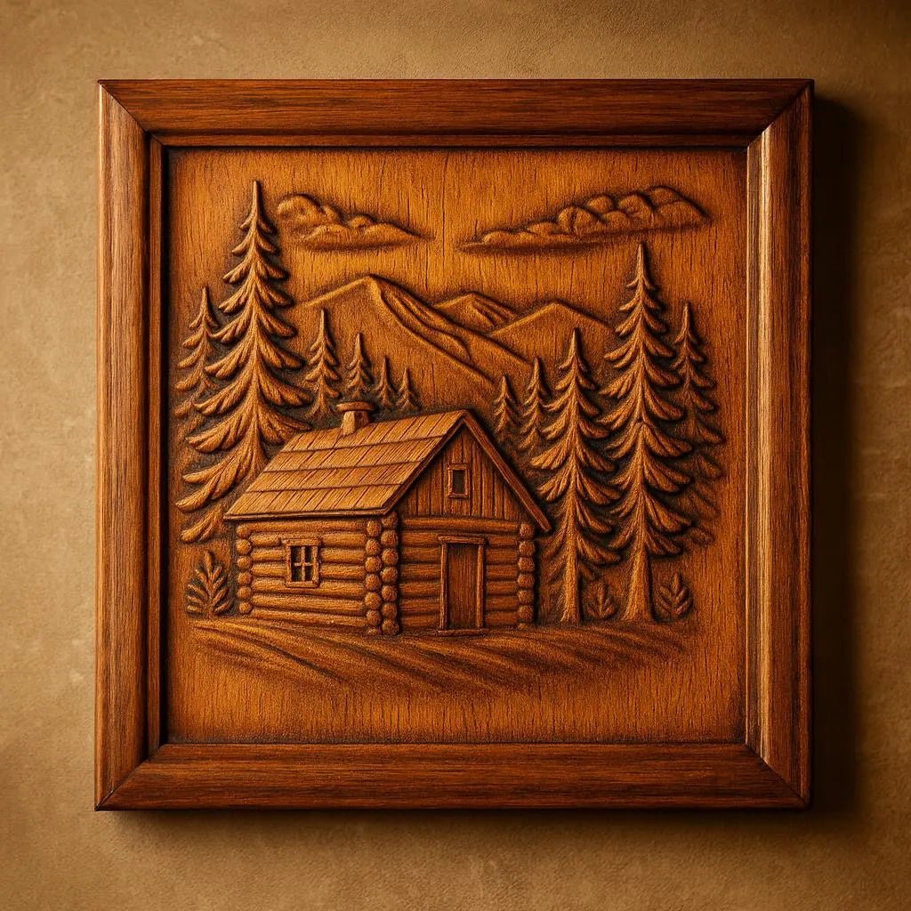 The Mountain Cabin CNC Relief STL File by Form Arcade is a rustic wall art design featuring a log cabin, pine trees, mountains, and clouds—perfect for CNC relief carving enthusiasts seeking inspiring woodworking projects.