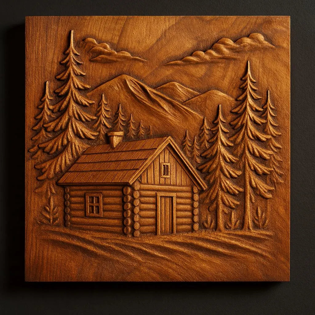 The Mountain Cabin CNC Relief STL File by Form Arcade features a rustic log cabin with pine trees, mountains, and clouds—ideal as wall art and perfect inspiration for your woodworking or CNC projects.