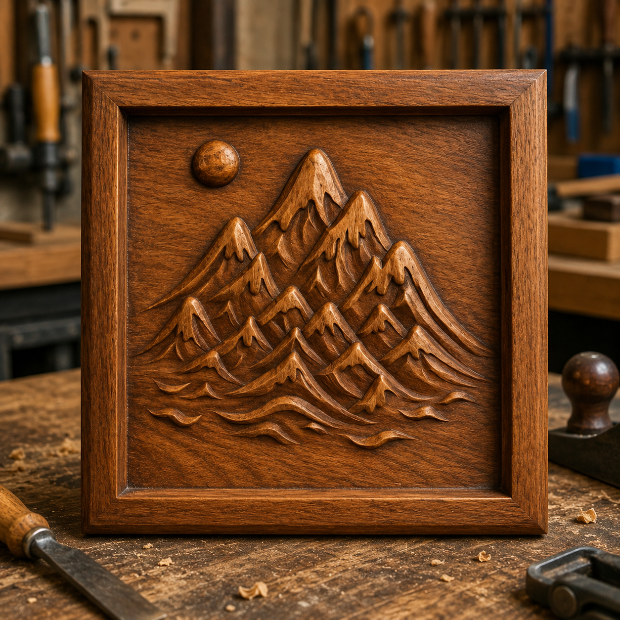 The Mountain Landscape Relief STL File by Form Arcade features a detailed mountain, sun, and waves design—perfect for CNC carving and nature-inspired wall art. Ideal for makers looking to create unique decor in woodshops or at home.