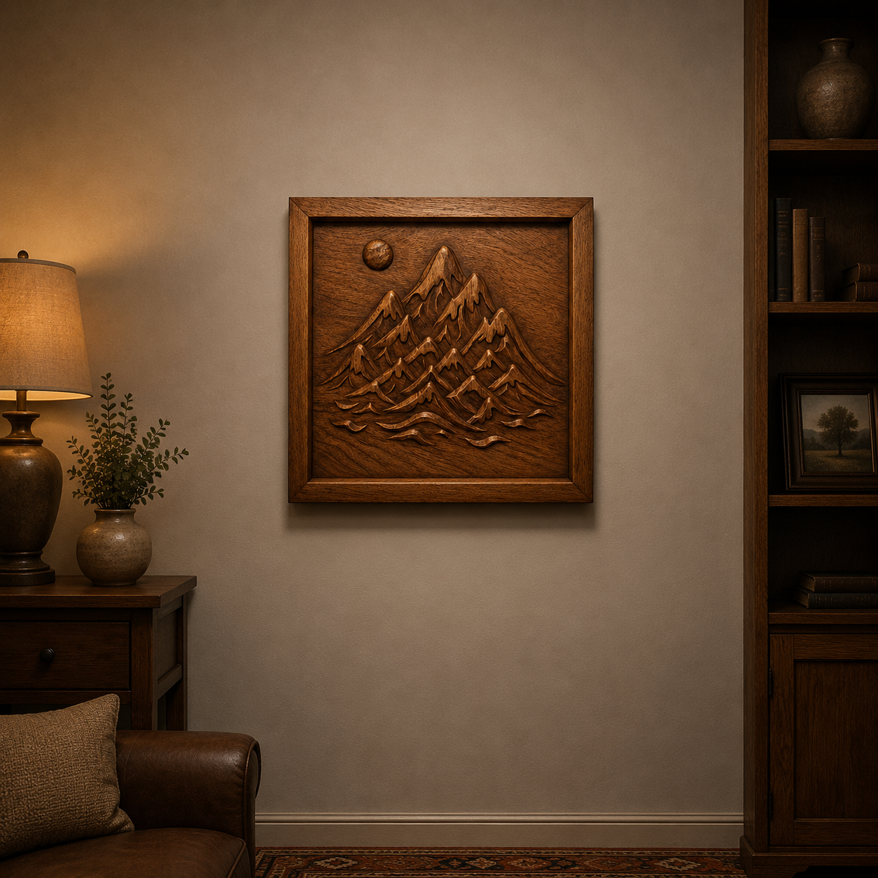 A cozy living room with a brown leather chair, lamp, side table, and bookshelf. Above the table hangs "Mountain Landscape Relief STL File | Nature CNC Wall Art" by Form Arcade—a wooden carving of mountains and sun.