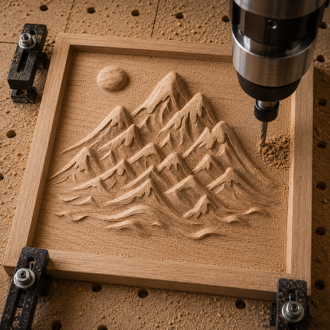 The Mountain Landscape Relief STL File by Form Arcade lets you CNC carve a detailed mountain scene into wood, making unique wall art inspired by nature. Perfect for creating square panels with your CNC machine.