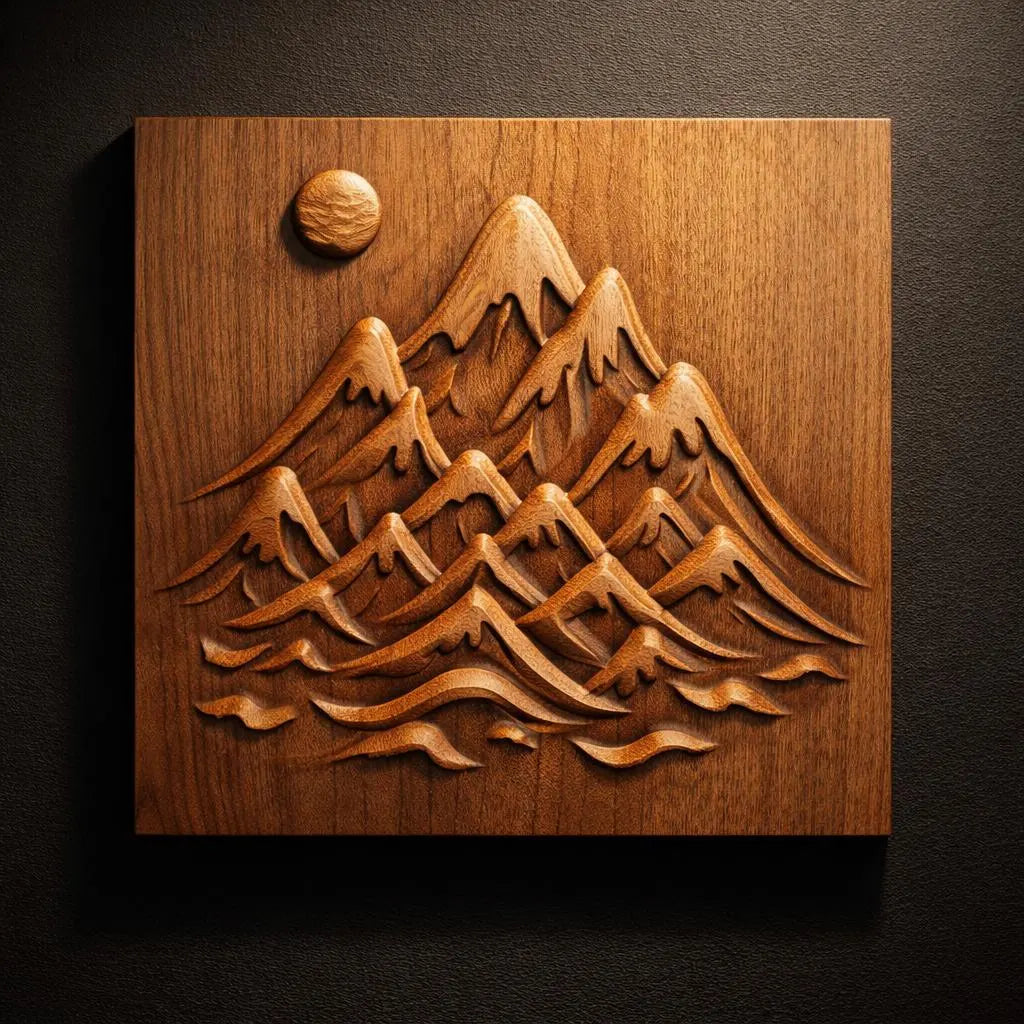 Detailed mountain landscape relief carving showing layered peaks, rolling terrain, and a raised sun above the horizon, smooth depth transitions and sharp carved edges with rich wood tones, ideal for CNC carving projects and decorative nature themed wall art