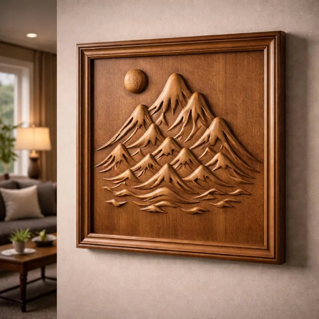 Mountain landscape relief wall art mounted on a neutral interior wall in a living room setting, framed wooden panel displayed with warm ambient lighting and realistic depth, showcasing finished CNC carving perfect for rustic decor, cabin style interiors, or nature themed wall art