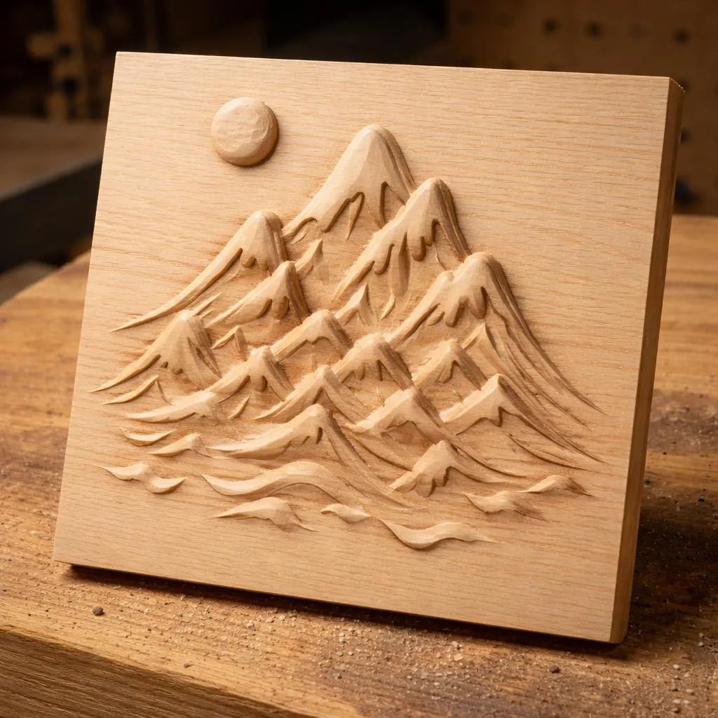 Mountain landscape relief carving on unfinished wooden panel resting on a workshop surface, visible tool marks and natural wood grain showing raw CNC output, angled perspective emphasizing carved depth and layered mountain detail, realistic woodworking environment for CNC projects