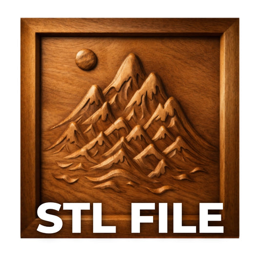 Mountain landscape relief carved into a framed wooden panel featuring layered peaks, flowing terrain lines, and a raised sun element, centered composition with strong depth and clean edges, natural wood grain visible with warm lighting highlighting detail, STL file preview for CNC carving and mountain nature wall art