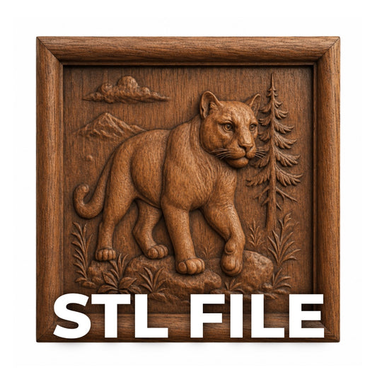 The Mountain Lion Relief STL File | Cougar CNC Wall Art by Form Arcade features a carved mountain lion amid forest, trees, mountains, and clouds—wood-framed and labeled STL FILE—ideal for CNC carving or 3D printing projects.