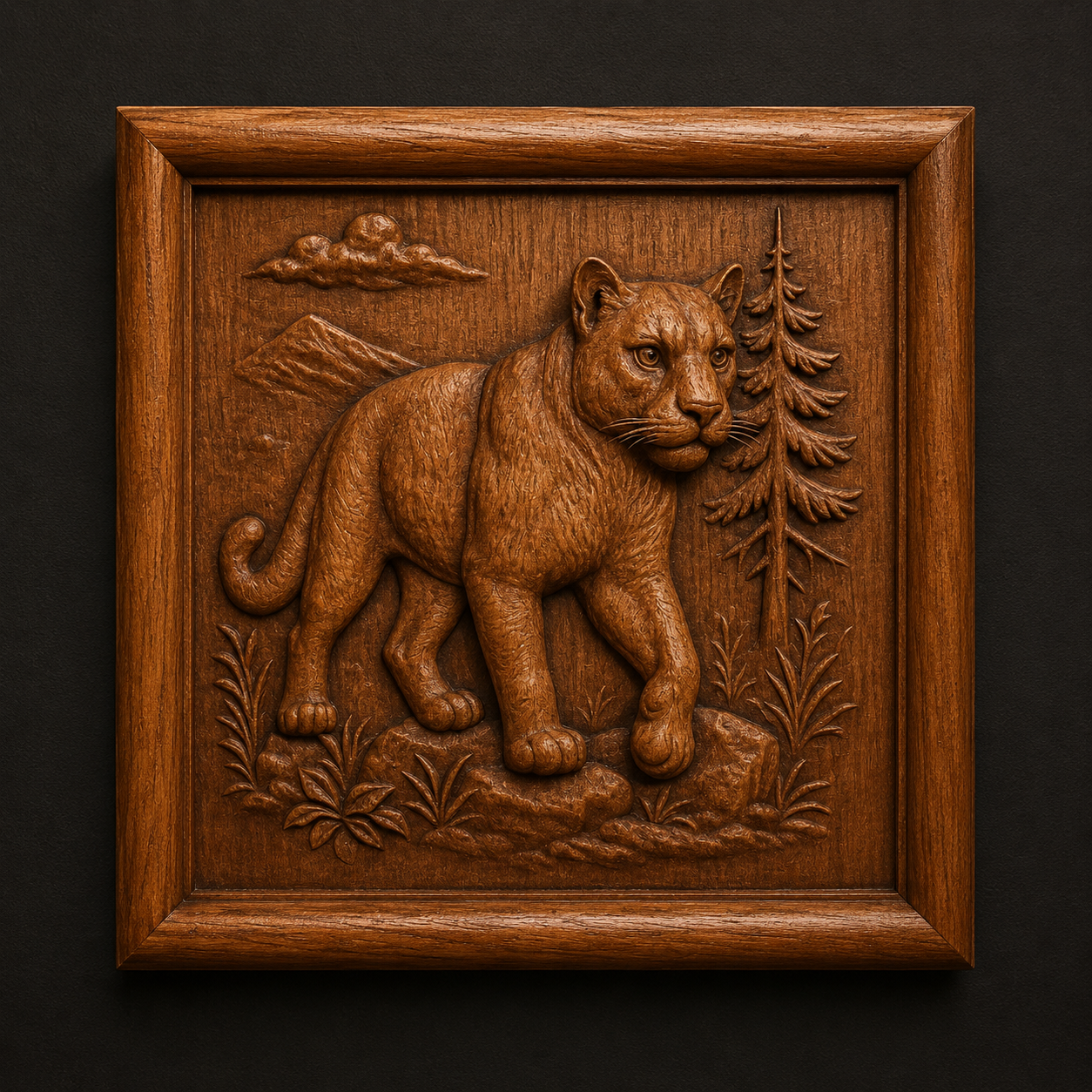 The Mountain Lion Relief STL File by Form Arcade is a detailed CNC wall art design featuring a cougar among trees with mountains and clouds, perfect for carving and displaying in its natural wood finish.