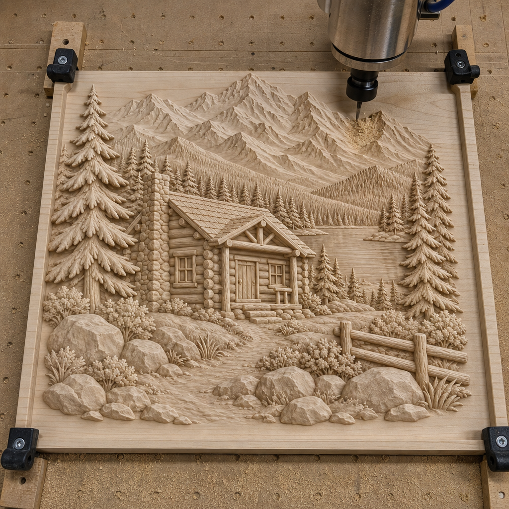 CNC wood carving in progress: a relief of a log cabin, mountains, evergreens, lake, rocks, path, and fence on a wood panel.