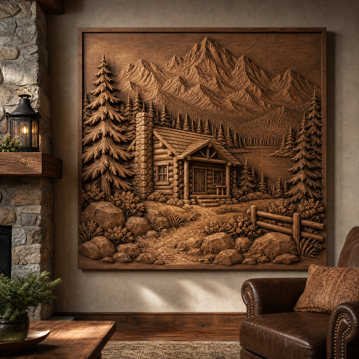 Rustic wood relief wall art showing a log cabin, mountain lake, evergreens, rocky path, and split-rail fence in a cozy room.