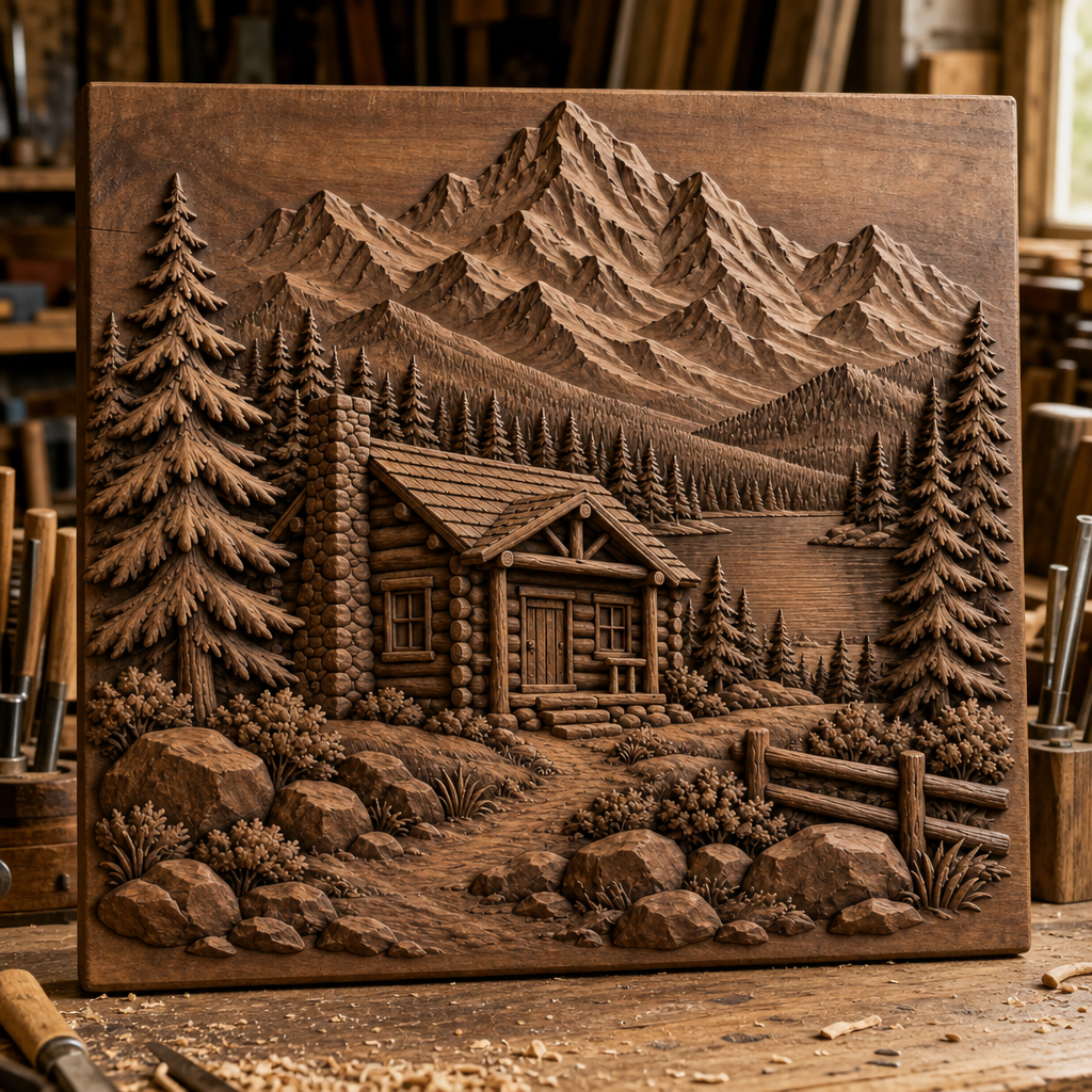 Detailed CNC relief of a log cabin, evergreen forest, mountains, lake, path, rocks, and split-rail fence in carved wood.