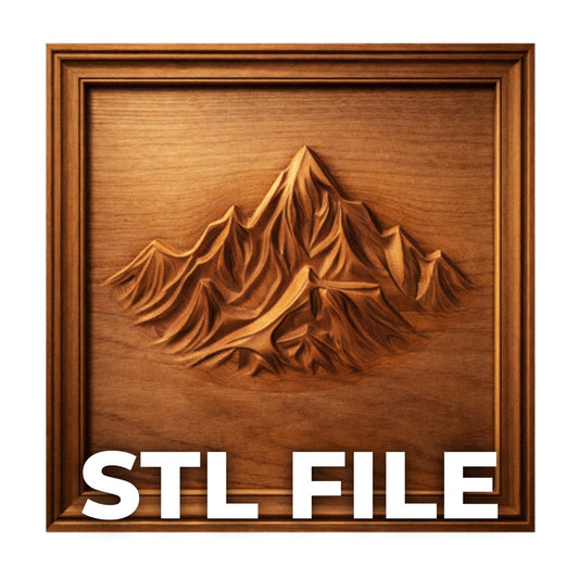framed alpine mountain peak cnc relief carving with layered ridgelines and depth optimized for wood carving projects and 3d printing wall art design