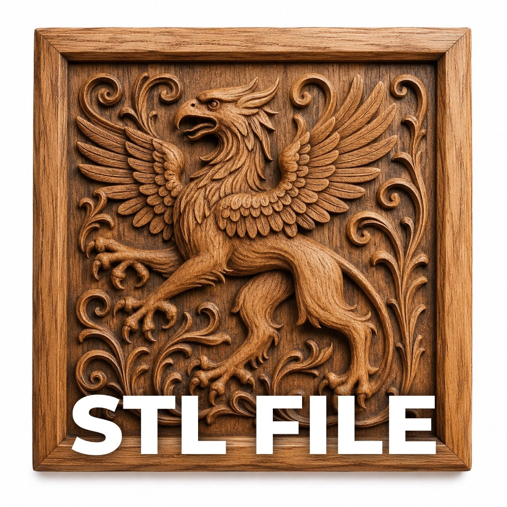 A CNC wood carving of a griffin with outstretched wings and swirling patterns, framed in wood. "Griffin Relief STL File | Mythical CNC Wall Art" by Form Arcade is overlaid in bold white text at the bottom.