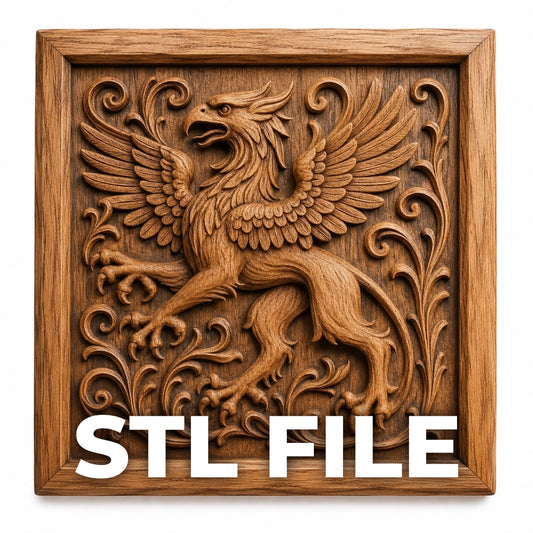 A CNC wood carving of a griffin with outstretched wings and swirling patterns, framed in wood. "Griffin Relief STL File | Mythical CNC Wall Art" by Form Arcade is overlaid in bold white text at the bottom.