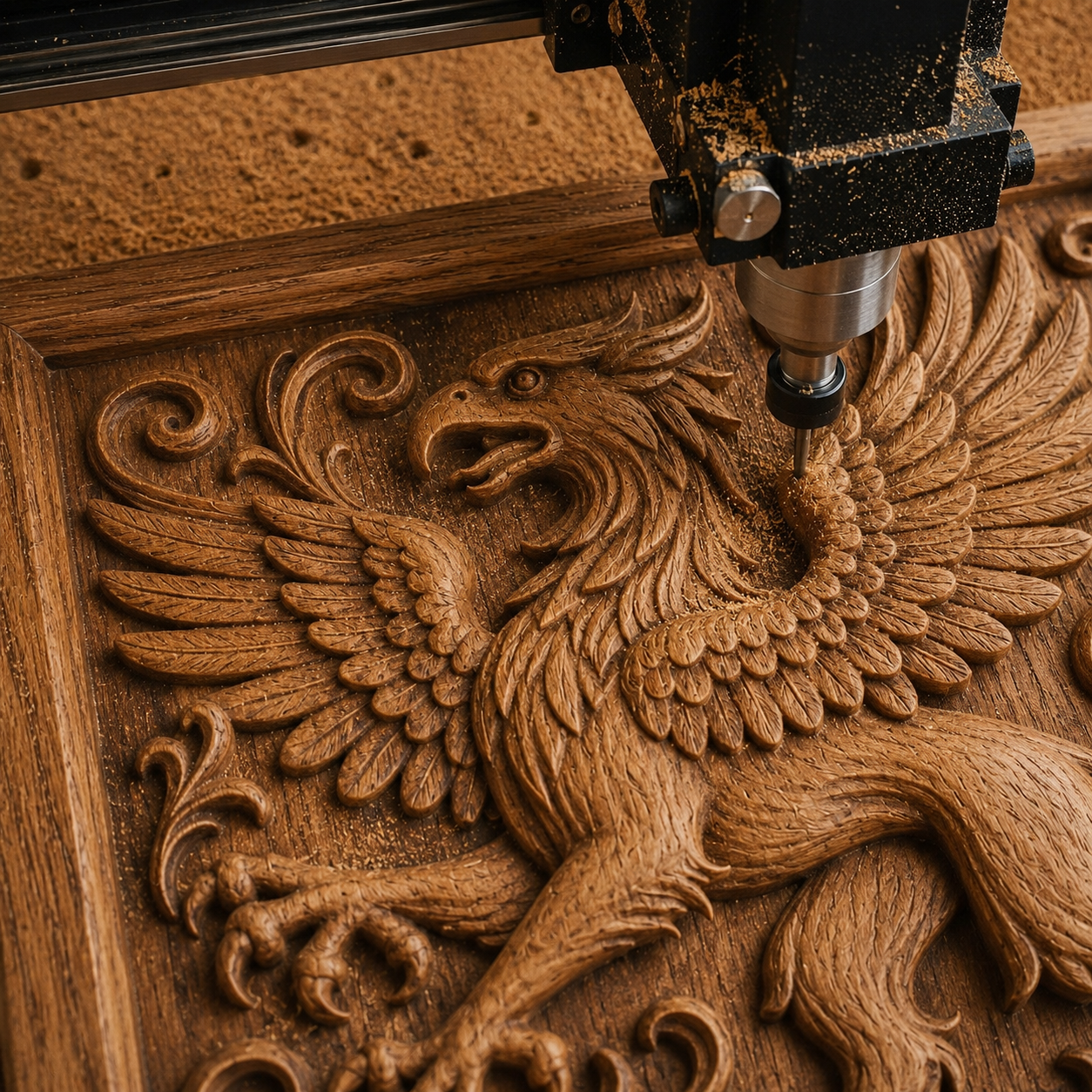 The Griffin Relief STL File by Form Arcade lets you create detailed mythical CNC wall art, carving an intricate griffin with outstretched wings into wood for a stunning showcase of ornate design.