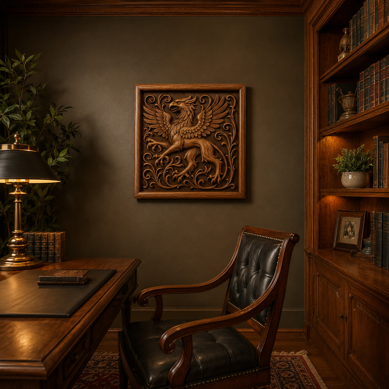 A classic study room features Form Arcade’s Griffin Relief STL File | Mythical CNC Wall Art framed on the wall above a wooden desk, with bookshelves, a leather chair, brass lamp, and potted plant—perfect for woodworking or CNC carving fans.