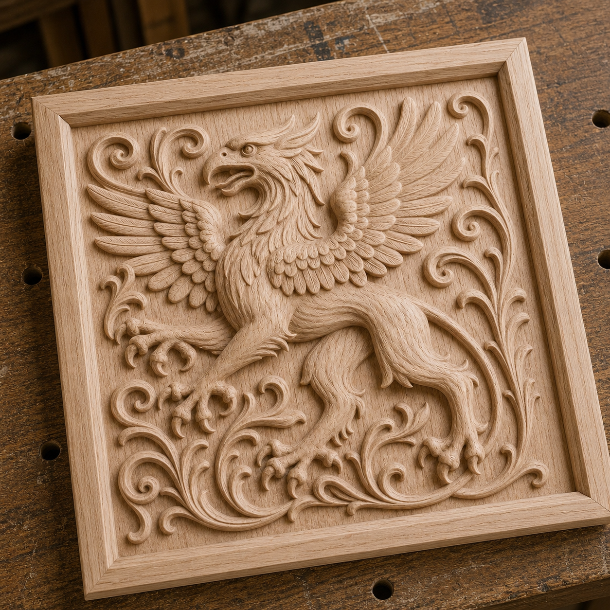 The Griffin Relief STL File | Mythical CNC Wall Art by Form Arcade is a square wooden panel design featuring an intricate relief of a griffin with raised wings and ornate foliage—ideal for woodworking or CNC projects.