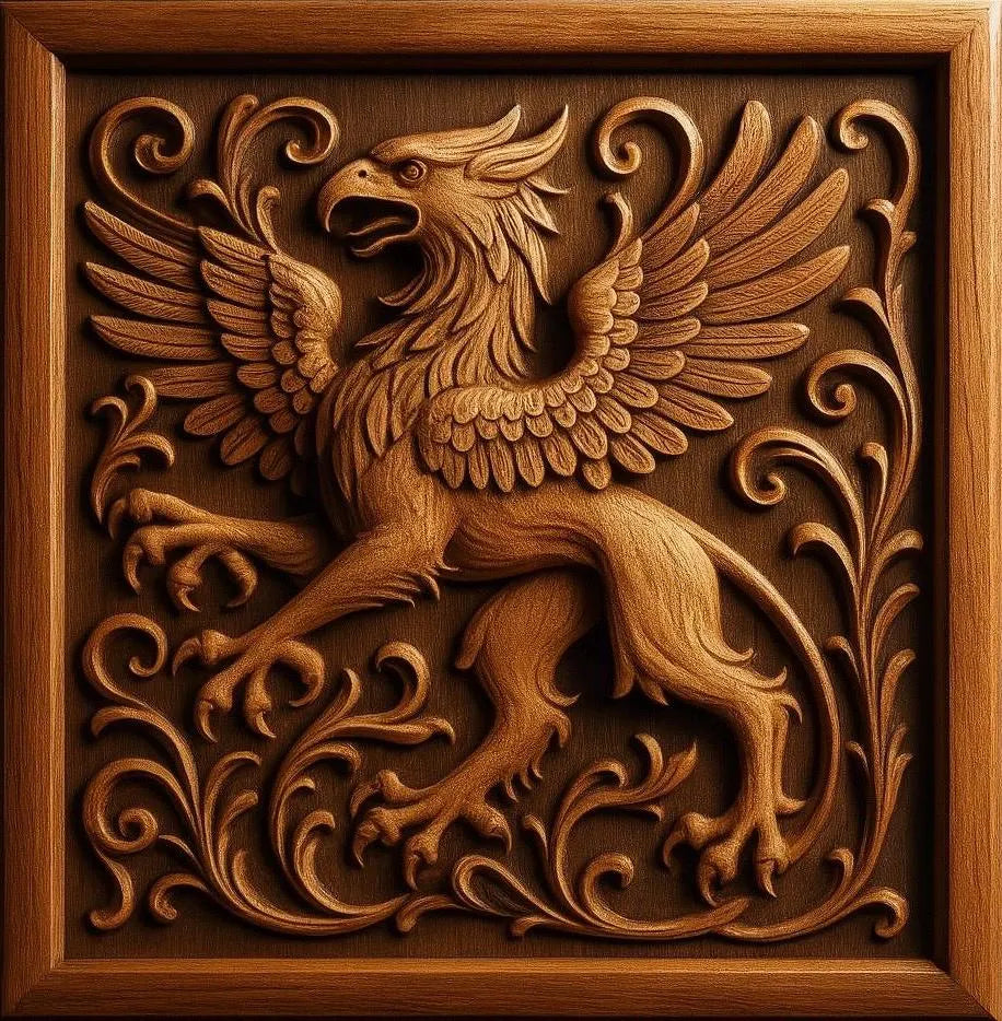 The Griffin Relief STL File by Form Arcade features a detailed griffin with outstretched wings, ornate vine patterns, and a square border—ideal CNC wall art for 3D printing or digital carving.