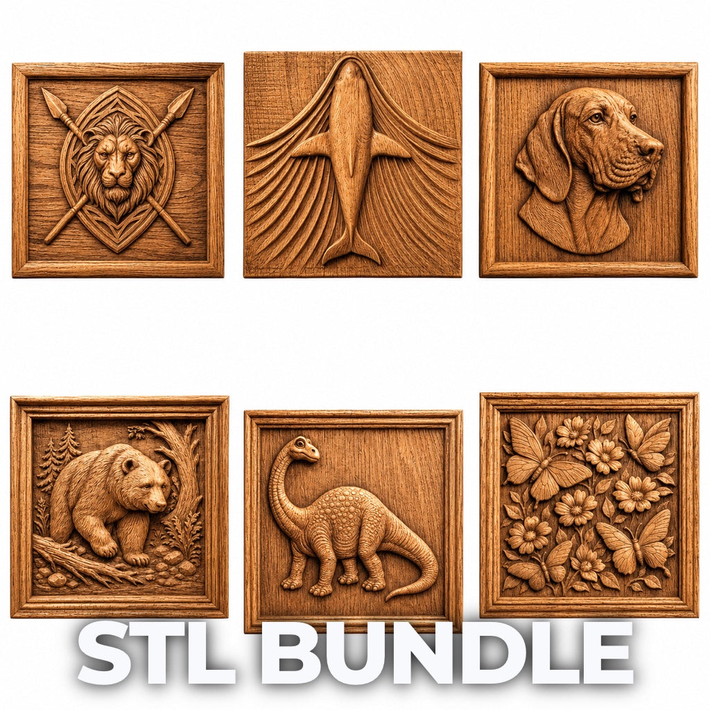 Form Arcade’s Nature & Wildlife 6-Pack Relief STL Bundle features six square designs for CNC or 3D printing: lion with spears, fish, dog head, bear in forest, dinosaur, and butterflies with flowers. “STL BUNDLE” text at bottom.