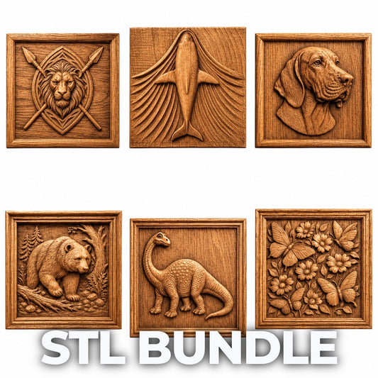 Form Arcade’s Nature & Wildlife 6-Pack Relief STL Bundle features six square designs for CNC or 3D printing: lion with spears, fish, dog head, bear in forest, dinosaur, and butterflies with flowers. “STL BUNDLE” text at bottom.