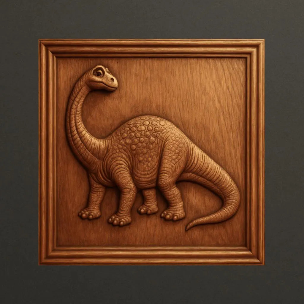 Form Arcade’s Nature & Wildlife 6-Pack Relief STL Bundle features a CNC-carved wooden relief of a long-necked dinosaur, possibly a Brachiosaurus, centered in a square frame and set against a dark background.