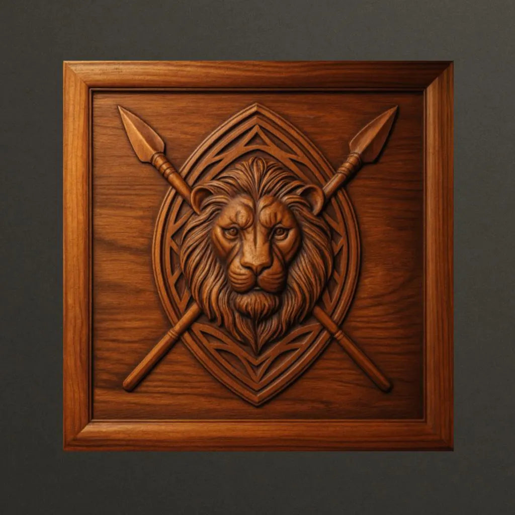 The Nature & Wildlife 6-Pack Relief STL Bundle by Form Arcade features a carved lion’s head with crossed spears and an oval pattern in a square frame—ideal for decorative CNC wall art or 3D prints inspired by wildlife.