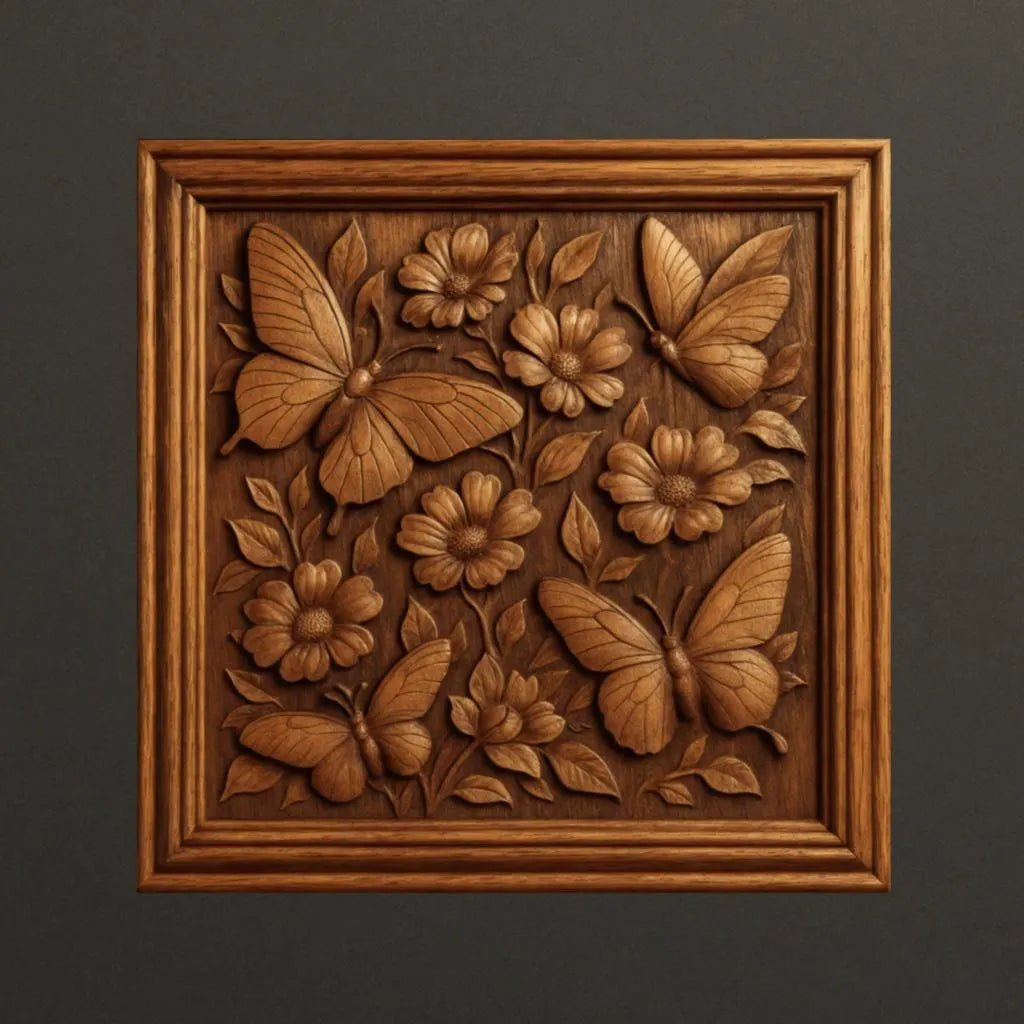 The Nature & Wildlife 6-Pack Relief STL Bundle by Form Arcade features decorative CNC wall art panels intricately carved with butterflies and flowers, each framed with a wooden border and designed for an elegant, nature-inspired look.