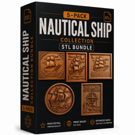 Box packaging for the Form Arcade Nautical Ship Collection 5-Pack STL Bundle | Sailing CNC Wall Art, featuring images of intricately detailed nautical ship reliefs and icons, with text emphasizing high-detail, print-ready STL files and optimized mesh for CNC wall art and woodworking carving projects.