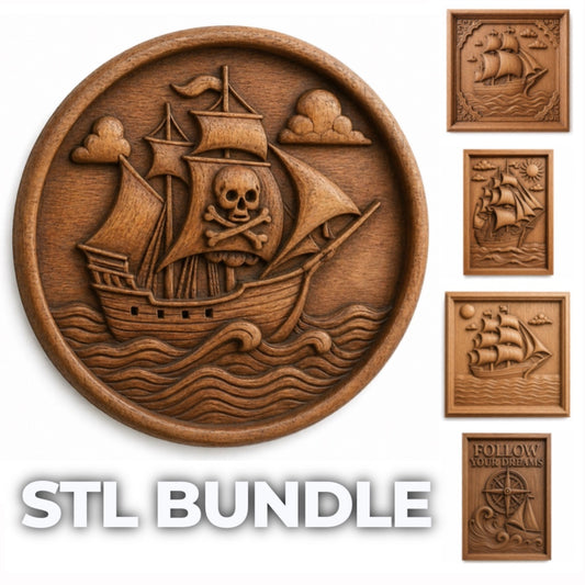 The Nautical Ship Collection 5-Pack STL Bundle by Form Arcade features wooden engravings of ships, a pirate ship with skull and crossbones, a compass, and a Follow Your Dreams message—perfect for CNC carving or 3D printing wall art.