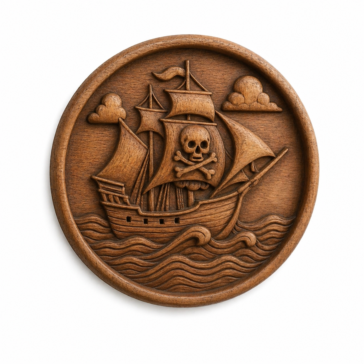 The Form Arcade Nautical Ship Collection 5-Pack STL Bundle features sailing CNC wall art, including a round wooden carving of a pirate ship with sails, skull and crossbones, waves, and clouds—perfect for 3D printing or carving projects.