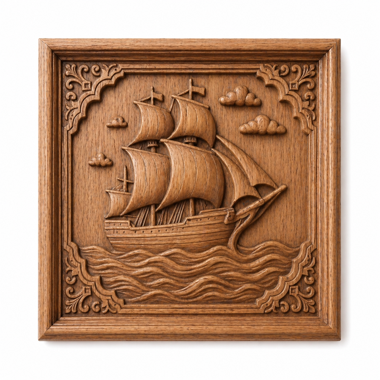 The Nautical Ship Collection 5-Pack STL Bundle by Form Arcade features CNC-carved square wooden wall art with a three-masted sailing ship, wavy water, ornate corners, a wood border, and clouds above the vessel.