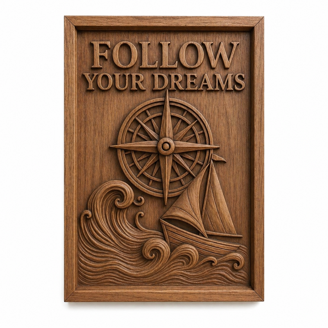 The Form Arcade Nautical Ship Collection 5-Pack STL Bundle | Sailing CNC Wall Art features a wooden plaque with “FOLLOW YOUR DREAMS,” compass, and sailboat on waves—all intricately carved in relief for a stunning nautical look.