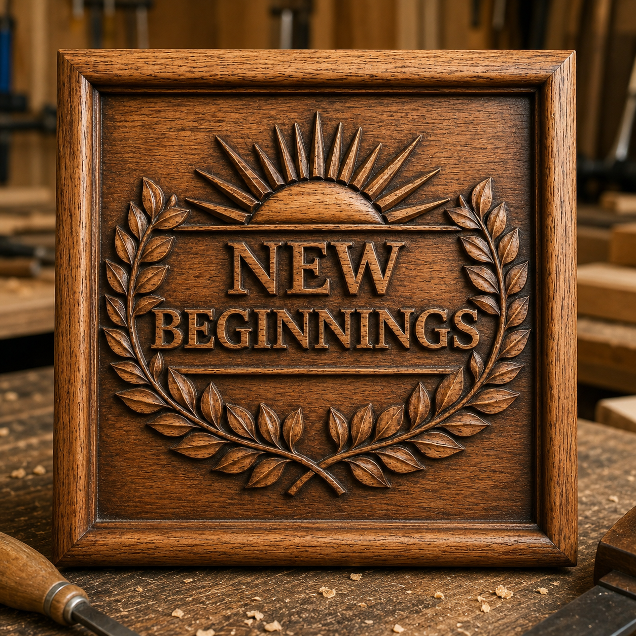 The New Beginnings Laurel Emblem Relief STL File by Form Arcade is an inspirational CNC wall art featuring a sun rising above "NEW BEGINNINGS," framed by laurel branches, perfect for your next woodworking or carving project.