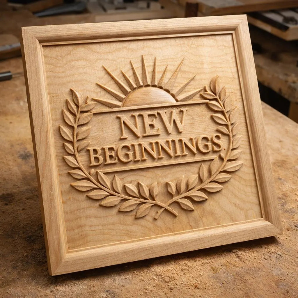 The "New Beginnings Laurel Emblem Relief STL File" by Form Arcade features a CNC wall art design with NEW BEGINNINGS at the center, surrounded by a laurel wreath and rising sun, perfect for inspirational decor.