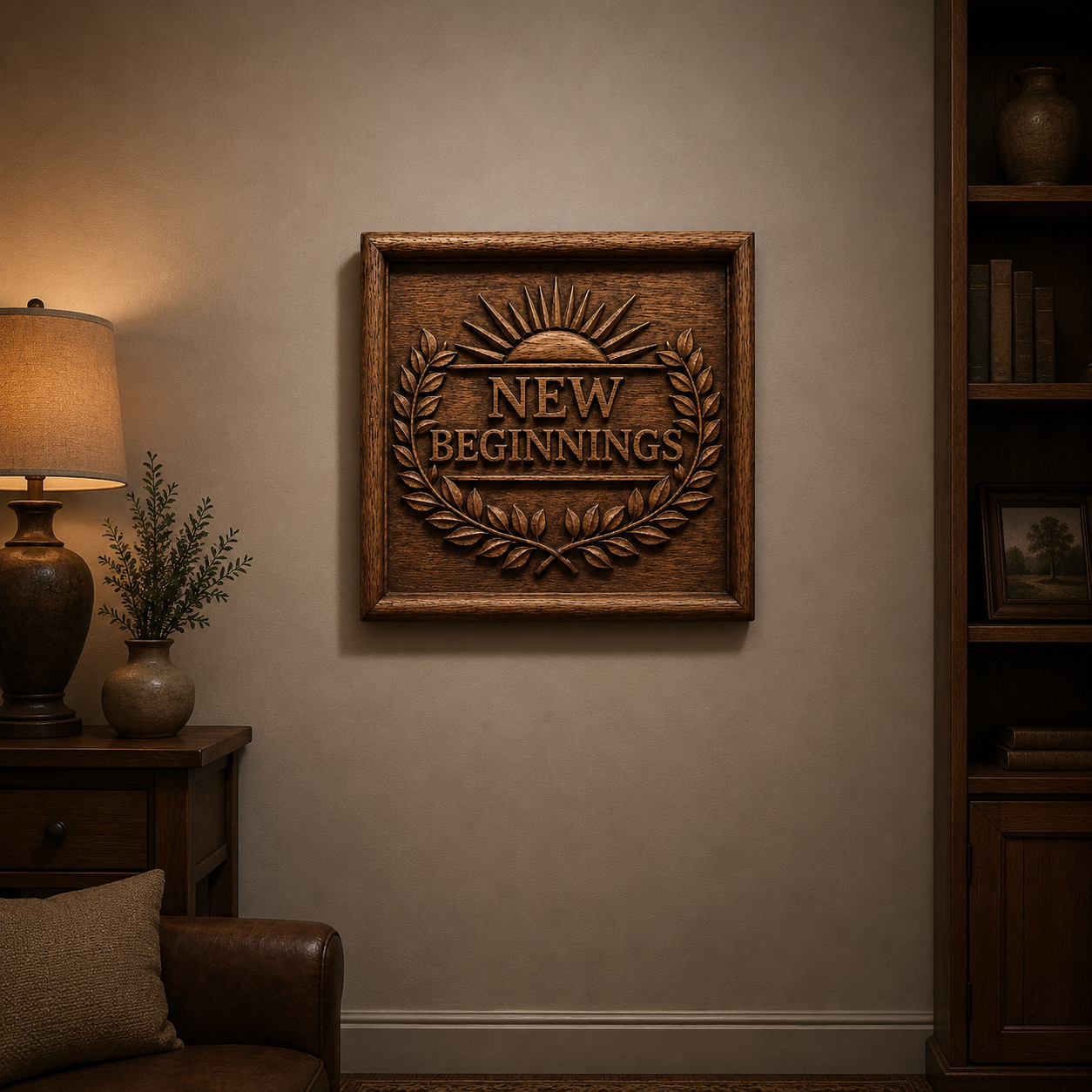 The New Beginnings Laurel Emblem Relief STL File by Form Arcade, an inspirational CNC wall art design, features a laurel emblem and uplifting message—perfect for adding warmth to your cozy room above a table or shelves.