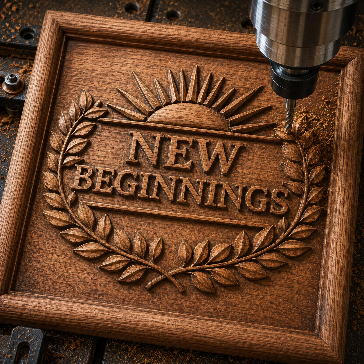 The New Beginnings Laurel Emblem Relief STL File by Form Arcade is an inspirational CNC wall art design featuring a sunrise above “NEW BEGINNINGS” and a laurel wreath, perfect for creating wooden bas relief plaques.