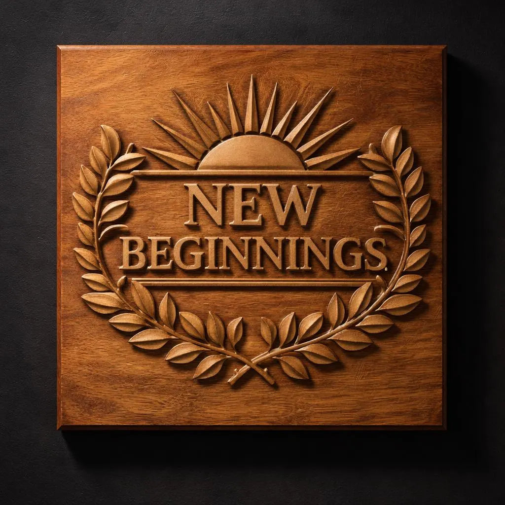 The New Beginnings Laurel Emblem Relief STL File by Form Arcade features a carved sun and laurel wreath with "New Beginnings" text, ideal for inspirational CNC wall art or use with your favorite dark background.