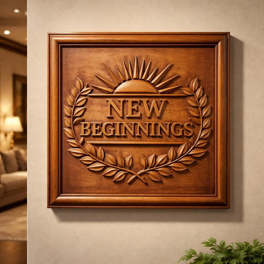 The New Beginnings Laurel Emblem Relief STL File by Form Arcade, an inspirational CNC wall art design, is displayed on a beige wall in a warmly lit room with hints of furniture visible in the background.