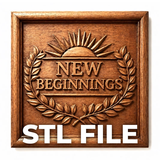 The "New Beginnings Laurel Emblem Relief STL File" by Form Arcade features a carved sun, laurel wreath, and NEW BEGINNINGS text—ideal for CNC carving or 3D printing. Bold "STL FILE" lettering appears at the bottom for easy identification.